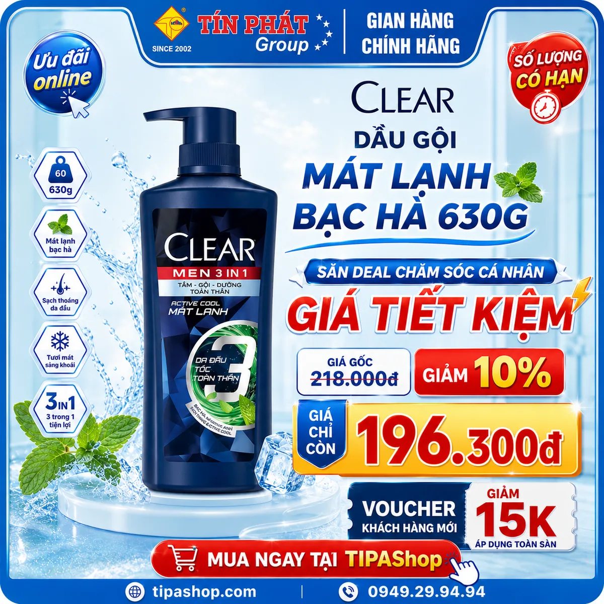 CLEAR dầu gội mát lạnh bạc hà 630g